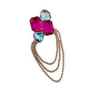 Vintage Gold-Tone Brooch With Pink & Blue Gemstones And Chain Drape Detail
